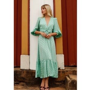 PatBo NWOT Belted Polka Dot Satin Brazilian Long Sleeve Fall Maxi Dress Size 4